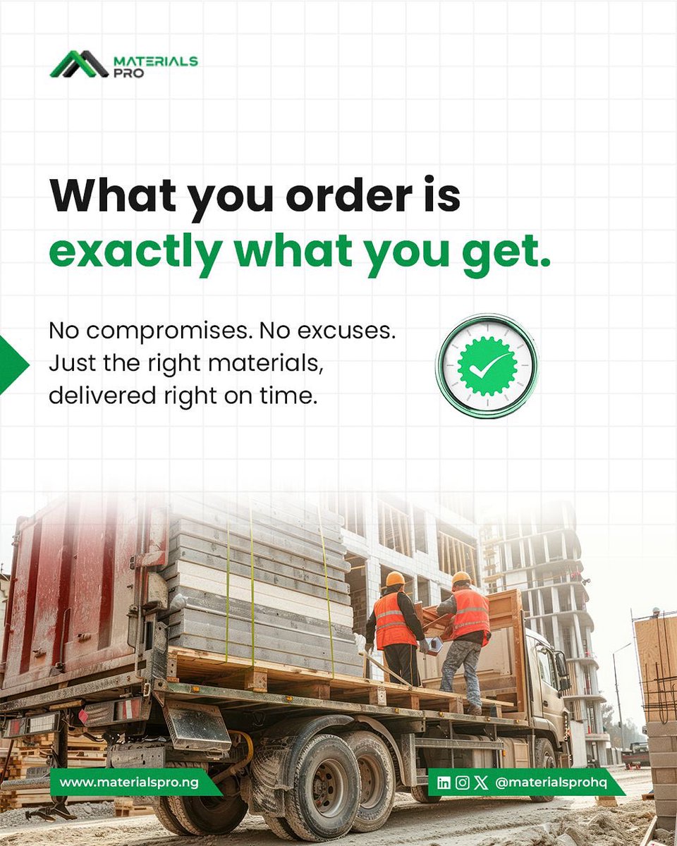 In construction, small surprises cause big delays.

That’s why our promise is simple:
What you order is exactly what you get. With MaterialsPro,
every bag of cement, every rod of steel, every delivery is
checked, trusted, and on time.

Order now at materialspro.ng