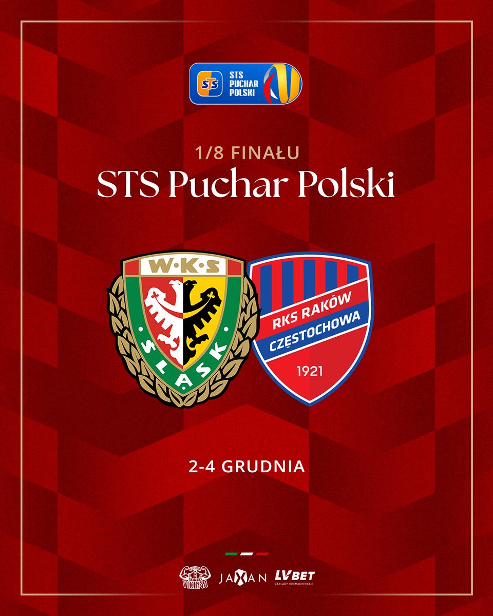 SlaskWroclawPl's tweet photo. 🇵🇱🏆 Rywalem Śląska Wrocław w 1/8 finału @PZPNPuchar będzie Raków Częstochowa. 

Spotkanie odbędzie się we Wrocławiu w terminie 2-4 grudnia. https://t.co/YMAZfVVUYF