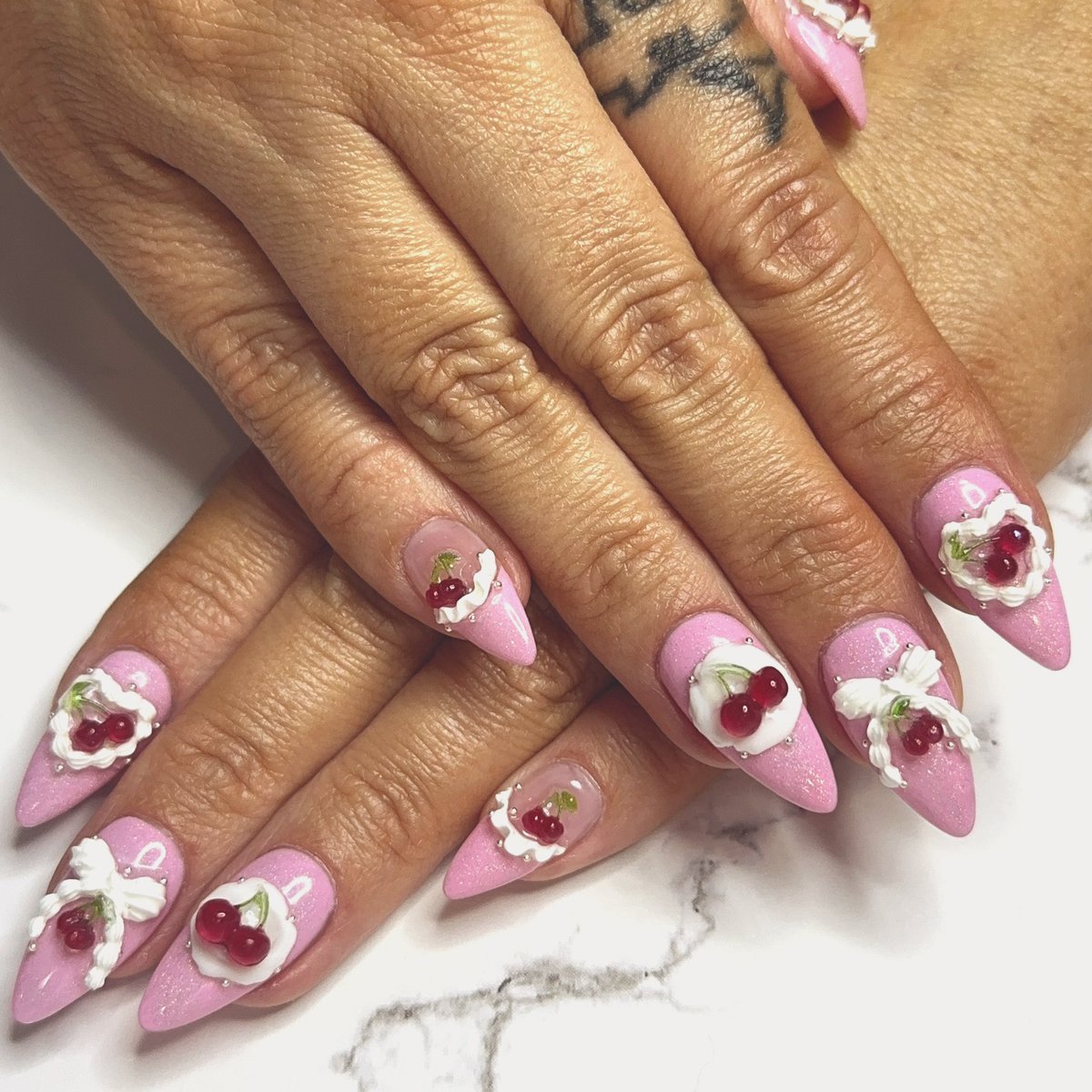 CAKE NAILS! probably one of my most favourite sets in all my years of being a nail artist. can’t stop looking at my hands 🥰🍒 #nailart