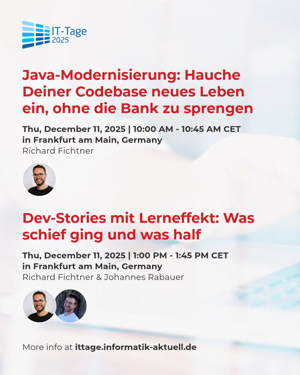 XDEVSoftware's tweet image. XDEV is heading to IT-Tage 2025 in Frankfurt! 🇩🇪
Join @RichardFichtner &amp;amp; @JohannesRabauer for two sessions on Java modernization and real-world dev stories – practical, honest &amp;amp; full of takeaways.

👉 ittage.informatik-aktuell.de

#ITtage #XDEVsoftware #Java #JavaModernization