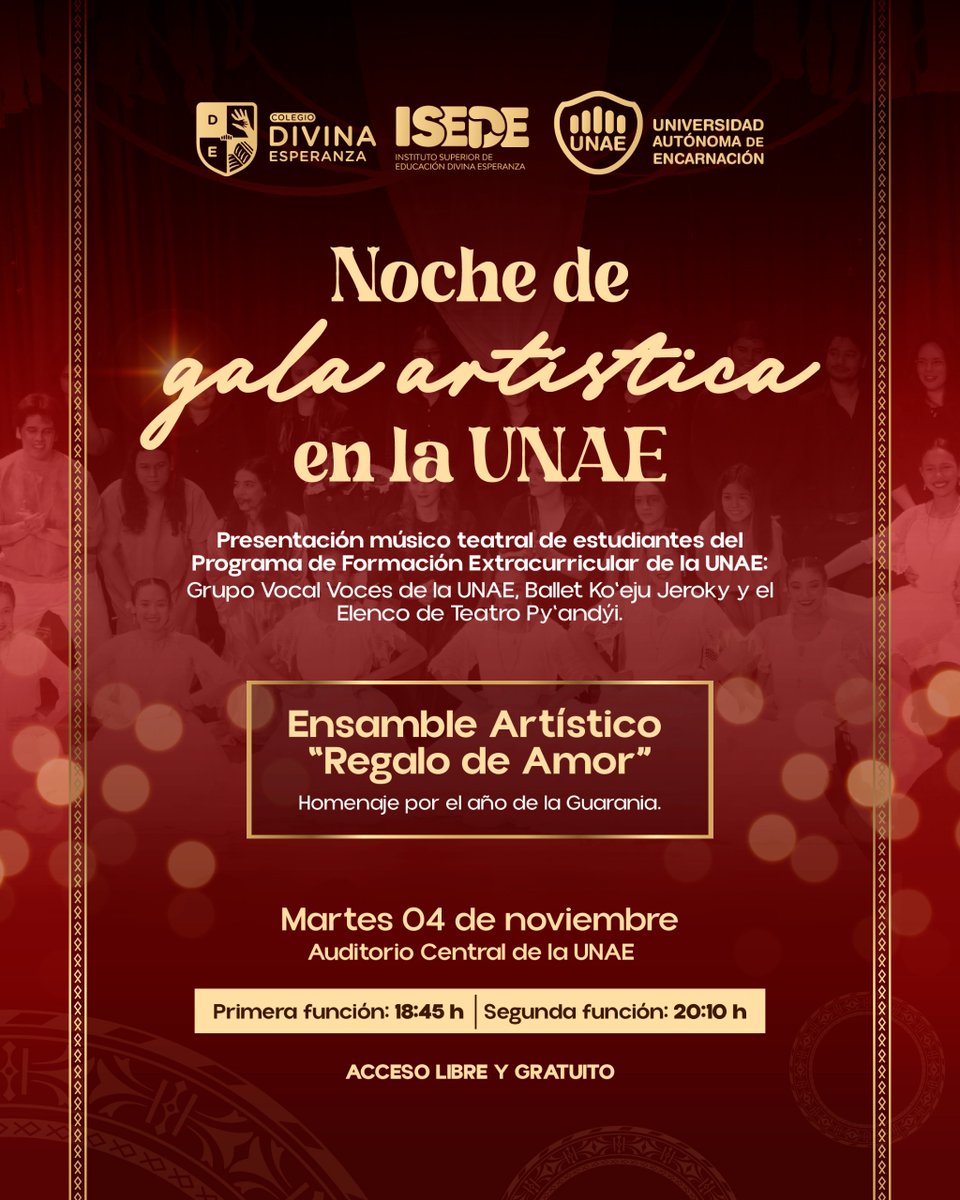 #Hoy ✨ El Complejo UNAE invita a participar de la Noche de gala artística.

📅 Martes 4 de noviembre.
📍 Auditorio Central de la UNAE.
⏰ Primera función: 18:45 h
⏰ Segunda función: 20:10 h
🆓 Acceso libre y gratuito.

🎶 Homenaje por el año de la Guarania.