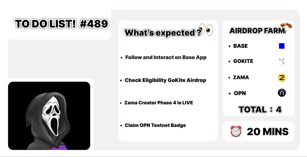 🪂 𝗔𝗜𝗥𝗗𝗥𝗢𝗣 𝗧𝗢 𝗗𝗢 𝗟𝗜𝗦𝗧! #489

→ Follow and Interact on Base App
🔗 base.app/profile/asedd

→ Check Eligibility GoKite, MMT &amp; Folks Airdrop
🔗 watchoor.xyz/checker

→ Zama Creator Phase 4 is Live
🔗 zama.org/programs/creat…

→ Claim OPN Testnet Badge
🔗
