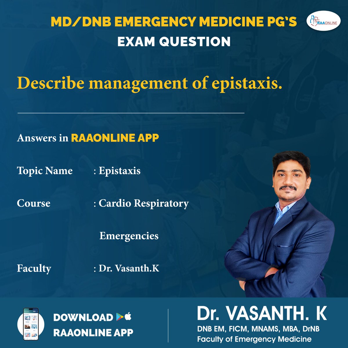 Raaonline's tweet image. Emergency Medicine PG&apos;s Exam Question - Epistaxis by Dr. Vasanth. K on the RAAONLINE App.
Android: play.google.com/store/apps/det…
IOS: apps.apple.com/in/app/raaonli…
Contact: +91-9994994266
#freelecture #generalmedicine #emergencymedicine #epistaxis #medicalupdates #medicine_knowledge