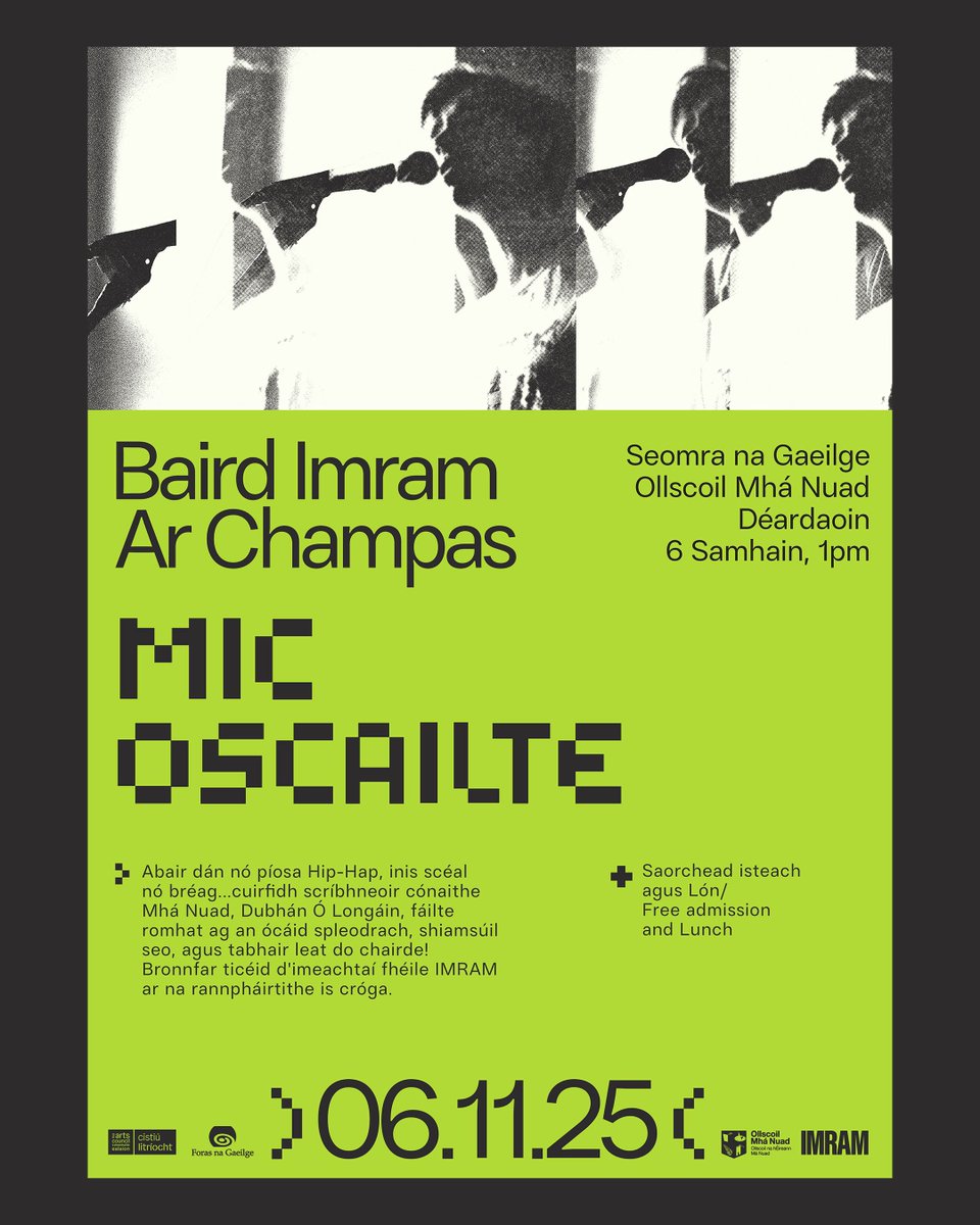 CeilteachOMN's tweet image. Baird IMRAM ar champas, 6 Samhain ag 1pm, Seomra na Gaeilge.

Cuirfidh scríbhneoir cónaithe @MaynoothUni, Dubhán Ó Longáin, fáilte romhat ag an ócáid spleodrach, shiamsúil seo.

Bronnfar ticéid d&apos;imeachtaí @ImramFeile ar na rannpháirtithe is cróga. Saorchead isteach agus lón.