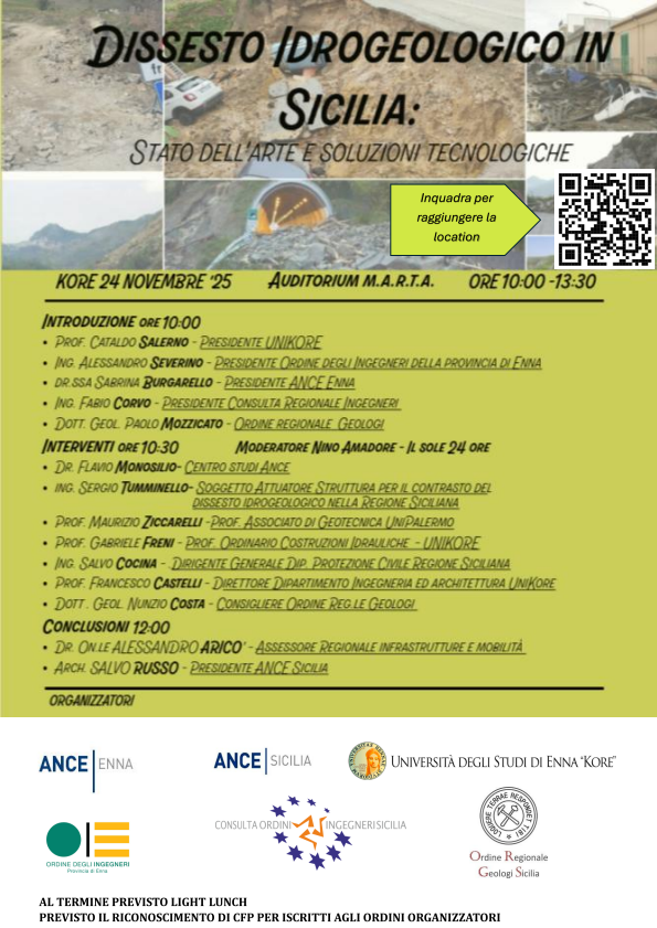 Dissesto idrogeologico in Sicilia. Stato dell’arte e soluzioni tecnologiche – Auditorium M.A.R.T.A – Università degli Studi di Enna KORE – 24 novembre 2025 – ore 10:00

sicilia.ance.it/2025/11/04/dis…