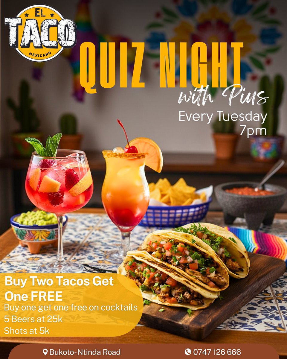 QuizBrainiacsUG's tweet photo. TUESDAY QUIZ ALERT🚨
 Quiz Night is on at El Taco Mexicano at 7 PM.
​Don't miss the deals:
🌮 B2G1 FREE Tacos
🍹 BOGO Cocktails
​Grab your team👇
#QuizNight #Tacos #Kampala #Tuesday https://t.co/EiVfrCcjFh