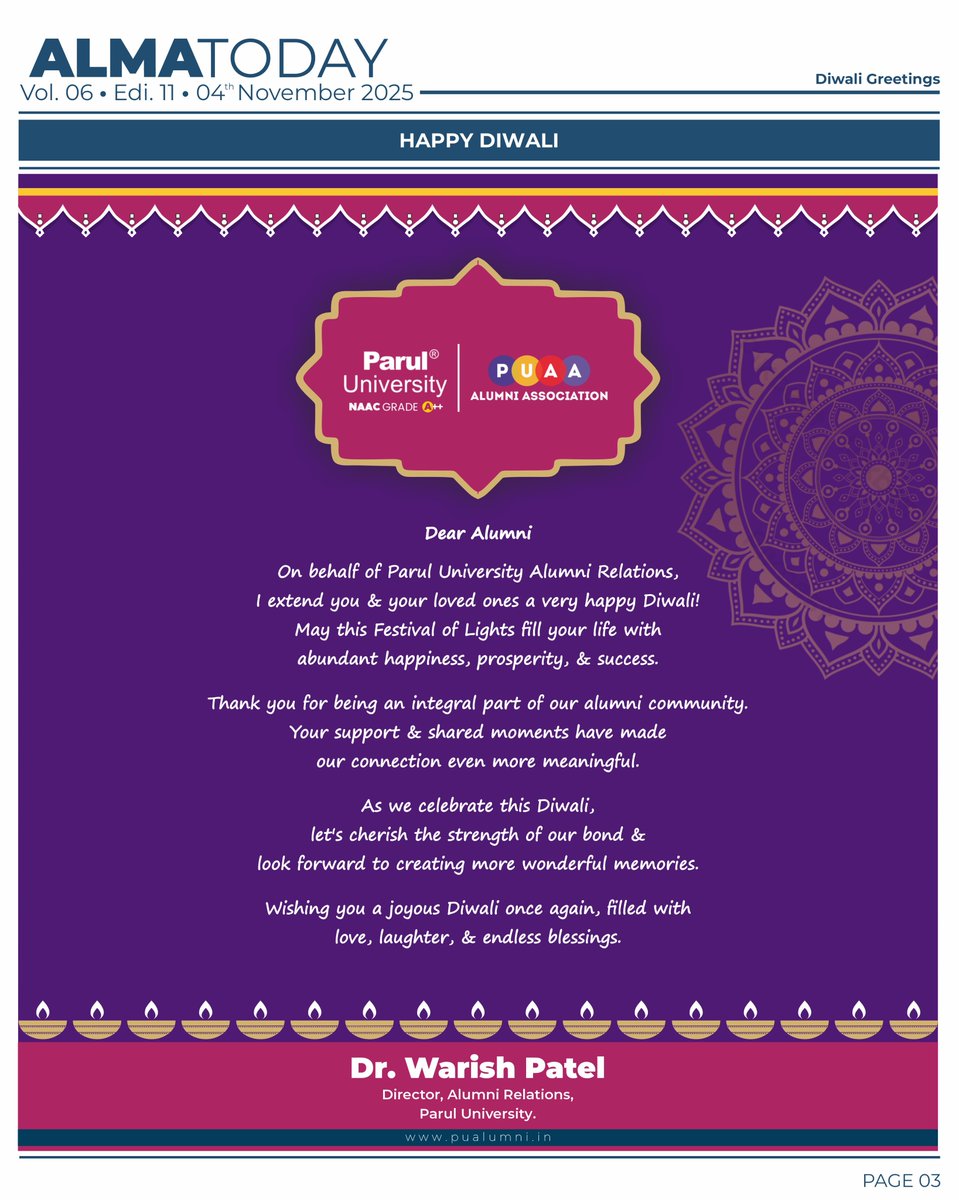 ParulAlumni's tweet image. The November Edition of Alma Today is here, celebrating a season of achievements, reunions, and unforgettable alumni connections! ✨ 

#AlmaToday
#AlumniNewsletter
#NovemberEdition
#PUAlumniAssociation
#ParulUniversity