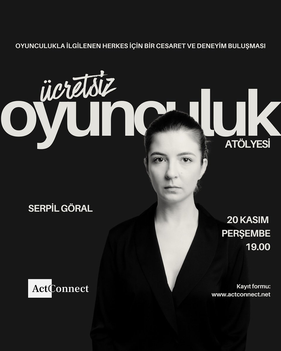 Bu atölye, ilk kez sahneye çıkmak isteyenlere de; sahnede yeniden bağ kurmak, tazelenmek isteyen oyunculara da açık. 
📅 20 Kasım Perşembe / 19.00
📍 ActConnect: Sahne Pasaport Suadiye
🕯️Kontenjan sınırılıdır.
🔗 Kayıt formu: actconnect.net

#oyunculuk #oyunculukeğitimi