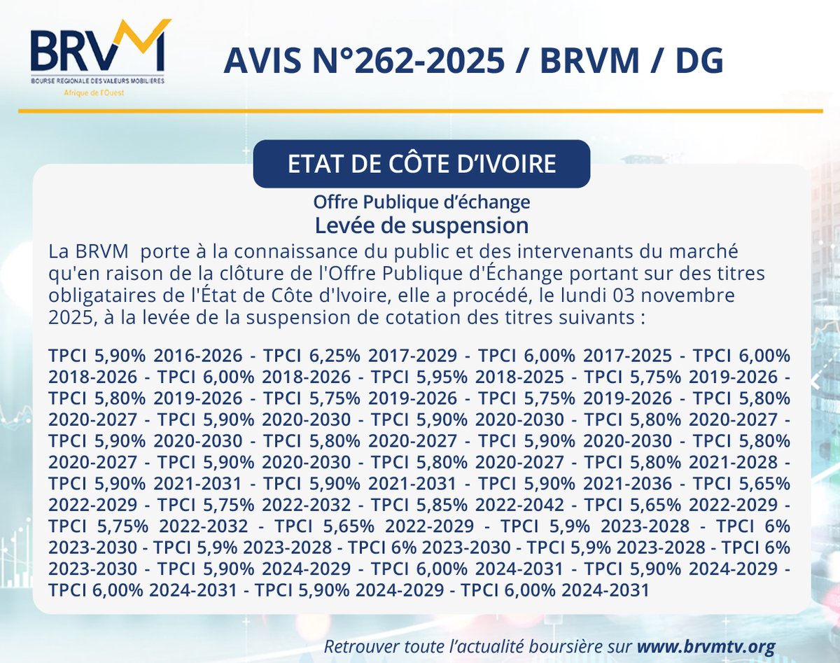 AVIS N°262 BRVMDG : Offre Publique d'Echange - Levée de la suspension des titres TPCI
shorturl.at/tFtD7