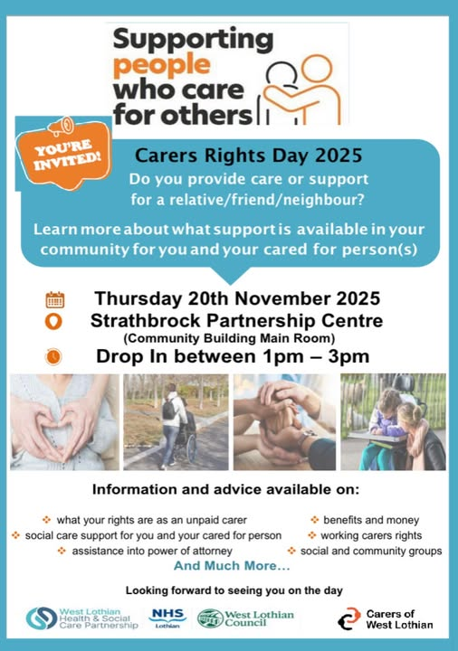 TransportHc's tweet photo. Carers of West Lothian are having an information event on Thursday 20th of November in the Strathbrock Partnership Centre Broxburn 1 -3pm , information Carers rights, benefits &amp; money and social &amp; community support. 

#carersofwestlothian
#WorkingTogetherToMakeADifference https://t.co/vqWJGxILIb
