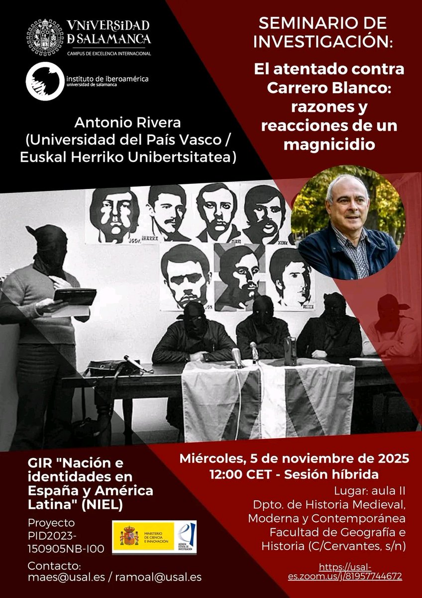 Mañana miércoles, nuestro colega Antonio Rivera participará en un seminario organizado por el Dpto Historia Medieval, Moderna y Contemporánea de la USAL sobre el atentado contra Carrero Blanco.