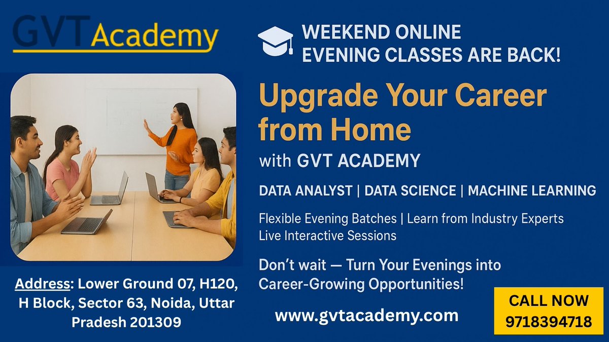 GVTAcademy's tweet image. linkedin.com/posts/gvt-acad…

#GVTAcademy #WeekendClasses #OnlineLearning #DataAnalystCourse #DataScienceCourse #MachineLearningCourse #CareerGrowth #LearnFromHome #EveningBatches #SkillUpgrade #OnlineEducation #UpskillWithGVT #DataAnalyticsTraining #DataScienceIndia #GVTOnlineClasses