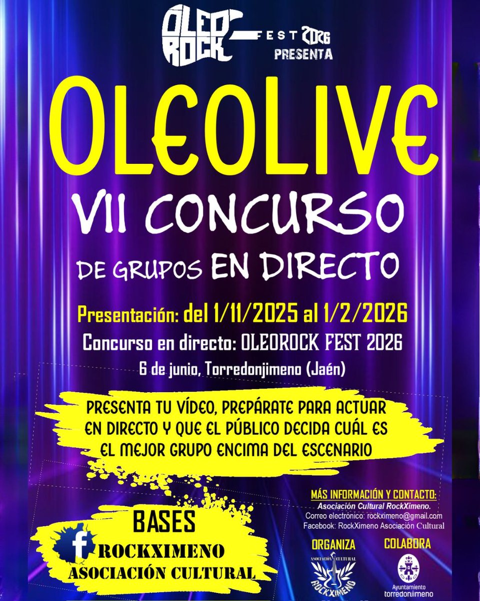 Comienza una nueva edición del concurso OLEO LIVE 🎤 en el que 4 bandas tendrán la posibilidad de tocar en directo el próximo 6 de junio en el #OleoRock Festival.

Si tienes un grupo participa en el VII CONCURSO DE GRUPOS. 👇🏽

calameo.com/read/007227392…
forms.gle/1mSZeLkYcVG7t8…