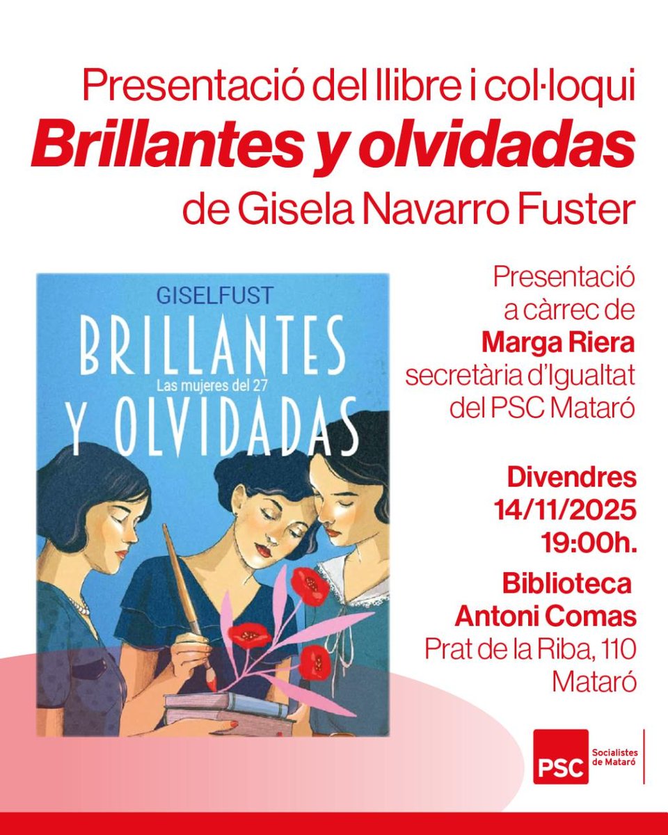 👉 Presentació del llibre 'Brillantes y olvidadas' (<a href="/Lunwerglibros/">Lunwerg Editores</a>), amb

👥Gisela Navarro Fuster <a href="/giselfust/">Gisela Navarro Fuster</a>, autora i diputada al <a href="/parlamentcat/">Parlament de Catalunya</a>, i Marga Riera <a href="/tanit2/">Marga Riera</a> #25N

🗓️ Aquest divendres 14 nov.
⏰19 h
📍 Biblioteca Antoni Comas (Prat de la Riba, 110 – Mataró)
🚶‍♀️ Obert