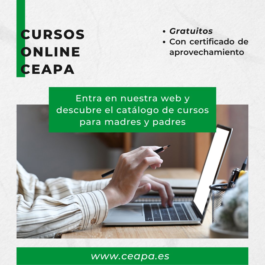 ¿Quieres aprender más sobre la educación de tus hijos e hijas? En CEAPA te ofrecemos cursos online gratuitos para madres y padres, que puedes realizar a tu ritmo y desde casa.  Al finalizar, recibirás un certificado de aprovechamiento.
👉 Descubre más: ceapa.es/cursos-on-line/
