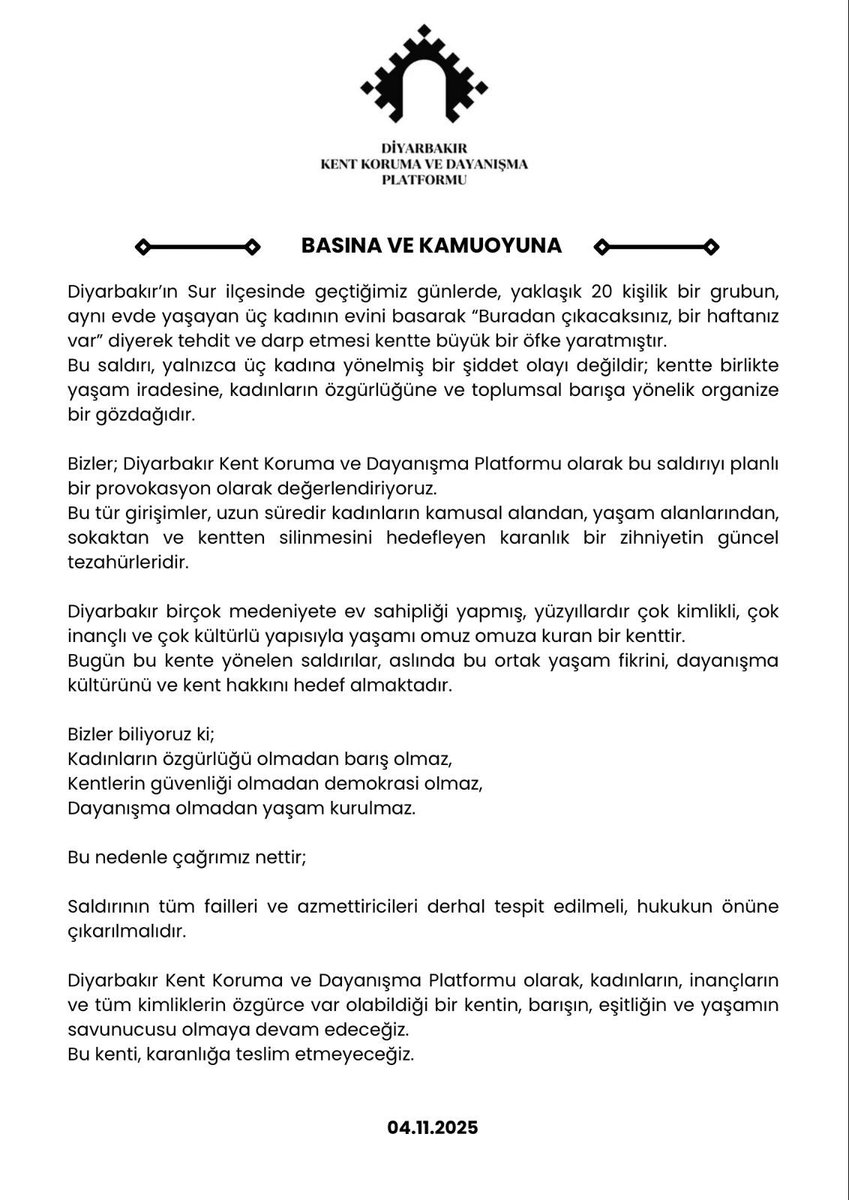 dkkdplatformu's tweet photo. KENTİMİZİ KARANLIĞA TESLİM ETMEYECEĞİZ! 

Diyarbakır Kent Koruma ve Dayanışma Platformu olarak, kadınların, inançların ve tüm kimliklerin özgürce var olabildiği bir kentin, barışın, eşitliğin ve yaşamın savunucusu olmaya devam edeceğiz. https://t.co/Ih0w6goS8b