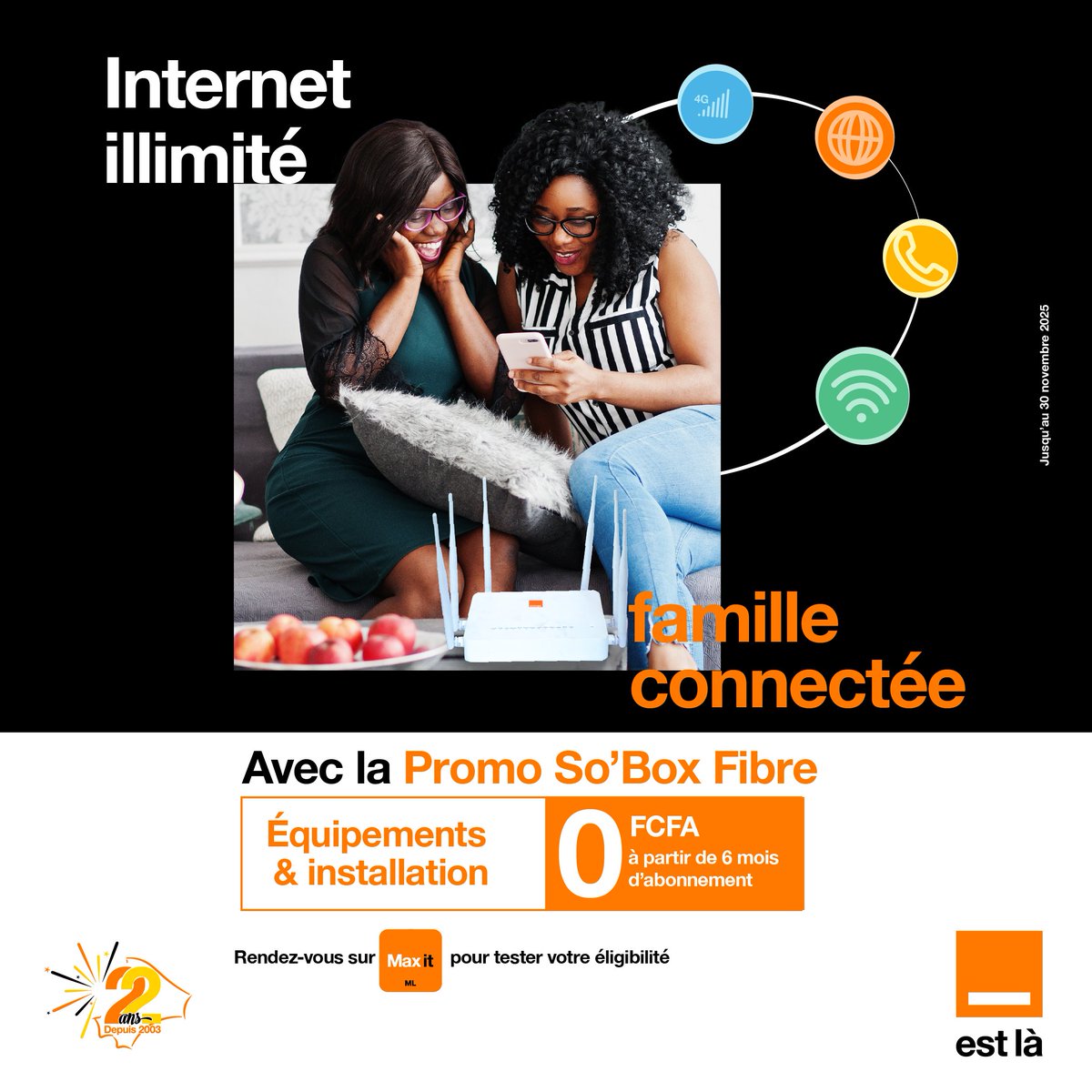 A l’occasion de l’anniversaire d’Orange, nous offrons les équipements et l’installation de la fibre pour tout abonnement supérieur ou égale à 6 mois.
Profitez dès maintenant de cette offre généreuse en verifiant votre éligibilité ici 👉 twtr.to/r2sh
#Anniv’Orange