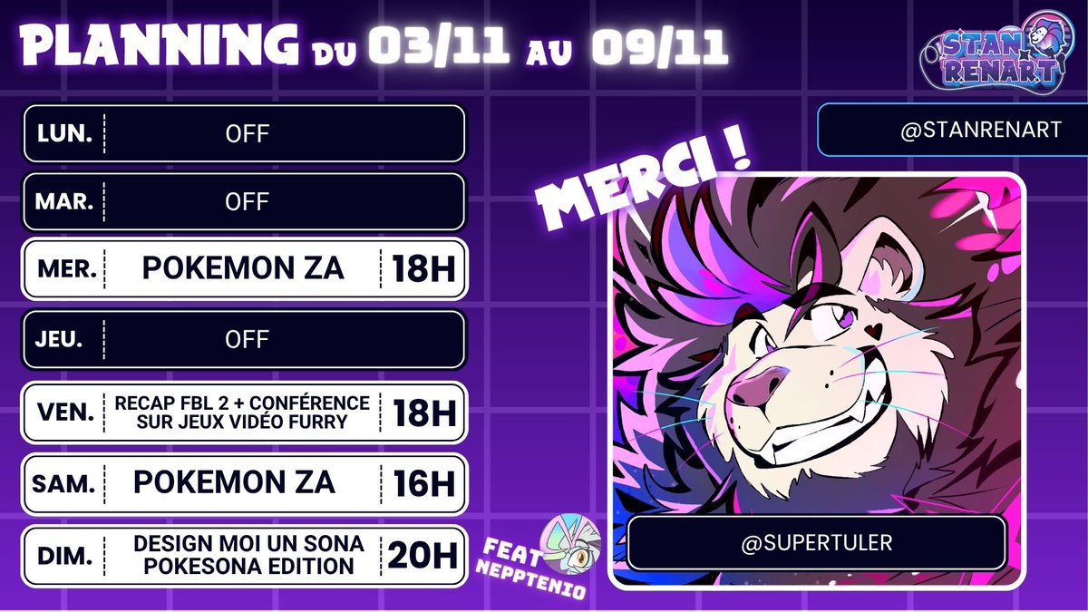 🌟PLANNING🌟

Retour de vacance ! On reprend du service avec une grosse SEMAINE POKEMON ! 

On fera également un second recap de la #FBL13 afin de reac sur l'aftermovie et que je puisse vous refaire ma conférence online sur les jeux vidéos furry ! 

Puis FT avec <a href="/Nepptenio/">Nepptenio</a> 😸