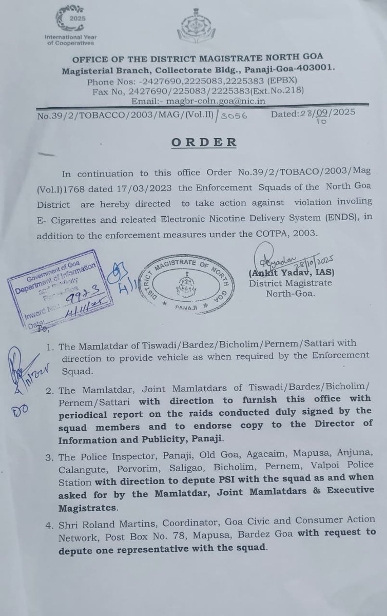 DM North Goa has directed Enforcement Squads of the North Goa District to take action against violation involing E-cigarettes and related Electronic Nicotine Delivery System (ENDS),  in addition to the enforcement measures under the COTPA, 2003.