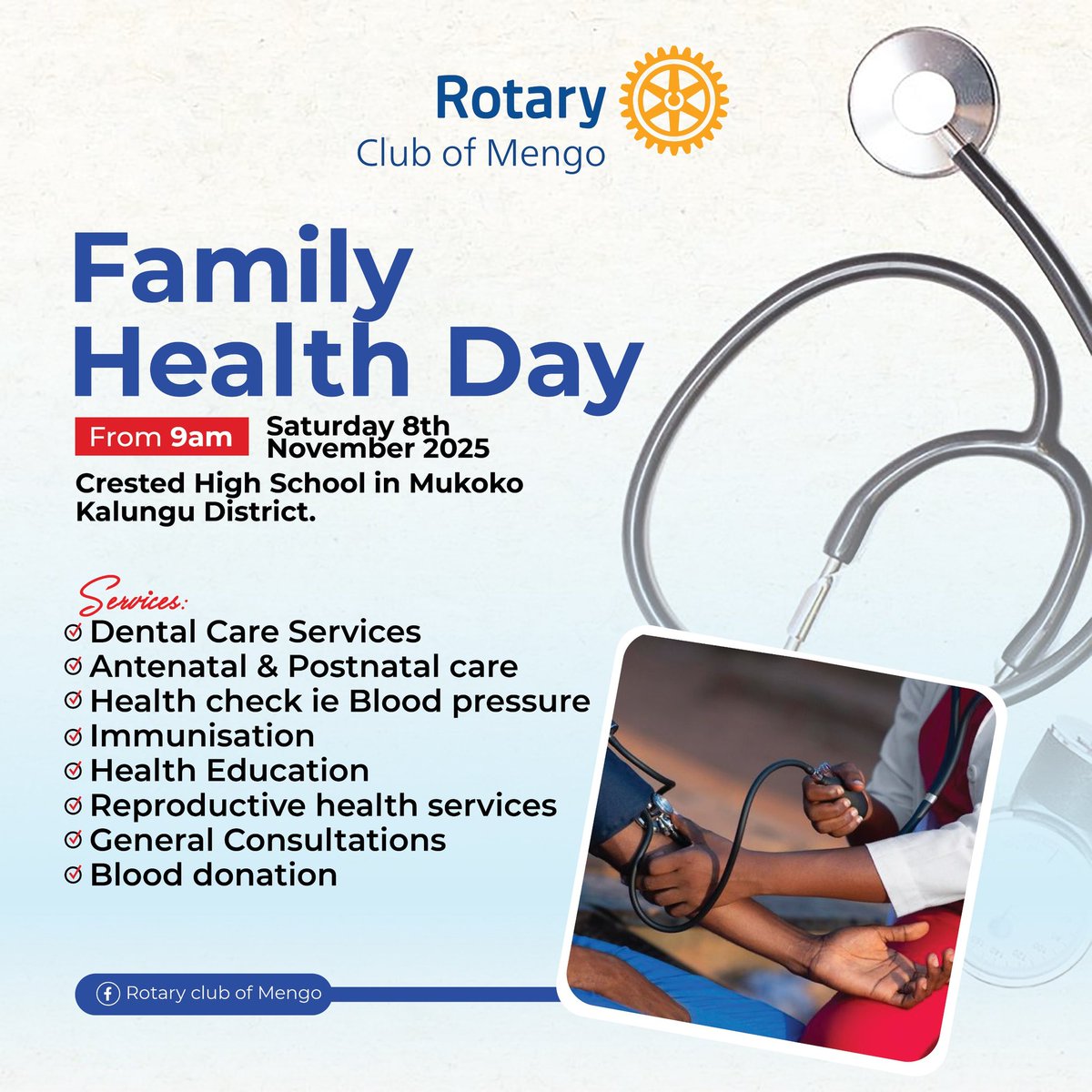 Join us on Sat 8 Nov, for the Rotary Family Health Day at Crested High School, Mukoko Village! 

Big thanks to our partners: Dama Pharmaceuticals, KPI, Boots Pharma, Inner Wheel Mengo, UCDV, Spring Medical Centre, Masaka School of Comprehensive Nursing &amp; Kalungu Dist Local Gov’t.