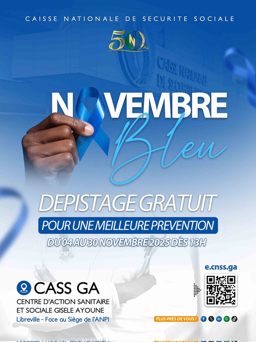 CnssGeneral's tweet image. ♂️Novembre Bleu♂️
Novembre Bleu est l’occasion de rappeler que le dépistage précoce peut sauver des vies. Sensibiliser, soutenir et agir sont les clés pour lutter efficacement contre les cancers masculin
Dépistages gratuits au Centre d&apos;Action Sanitaire et Sociale de la CNSS