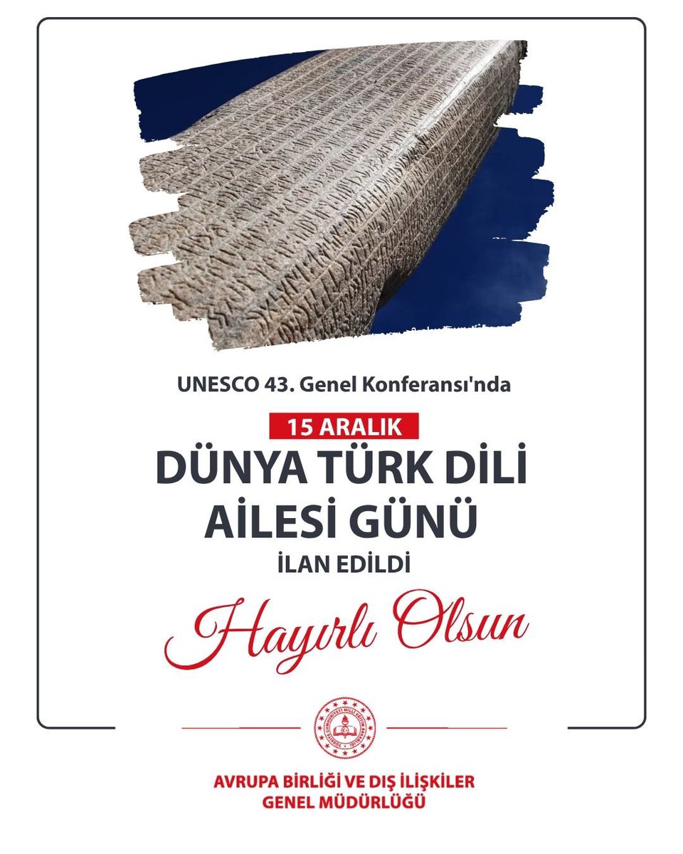 mebabdigm's tweet image. UNESCO 43. Genel Konferansı’nda 15 Aralık “Dünya Türk Dili Ailesi Günü” olarak ilan edildi!

Bu adımın Türk dünyası adına hayırlara vesile olmasını temenni ediyoruz.

@tcmeb @celileerenokten
#EğitimDiplomasisi #MEB #ABDİGM