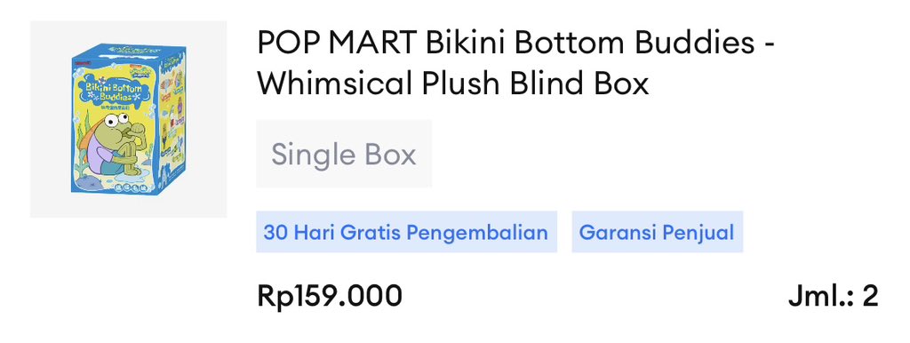 guys ada yg masih cari bikini bottom buddies ga, aku jadinya mau ambil 1 aja…barangnya masih di kemas 

kalo ada yg minat nanti sistemnya co by shopee kalo barangnya udah sampe di aku yah, dom jogja, bayar 155k aja gapapa
#wts #wtb #bikinibottombuddies #popmart #crybaby