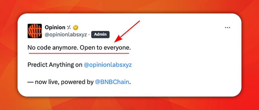 Crypto_Pranjal's tweet photo. Opinion is Now Open to Everyone! 🔥

You can now join @opinionlabsxyz without any access code.

Connect your EVM wallet, deposit USDT from the BNB Chain, start predicting and earn points every Monday.

✅ Join Opinion: https://t.co/Lh96ruRUzh

Use the referral code to save up to 10% on fees: hohOaS

Opinion is backed by YZi Labs (Binance). They’ve been live for just about 2 weeks, and the total volume has already crossed $1B+.

For comparison, Limitless has been live for almost 6 months and has generated around $500M in volume, while Opinion hit double that amount ($1B+) in just 2 weeks, even during its invite-only phase.

Now it’s open to everyone. Week 3 of the Points Program is live, so if you start now, you’re still super early. Volume matters the most when it comes to earning points.

Prediction markets are turning out to be the next meta in crypto after DEXs and stablecoins. Get in early while it’s still fresh.