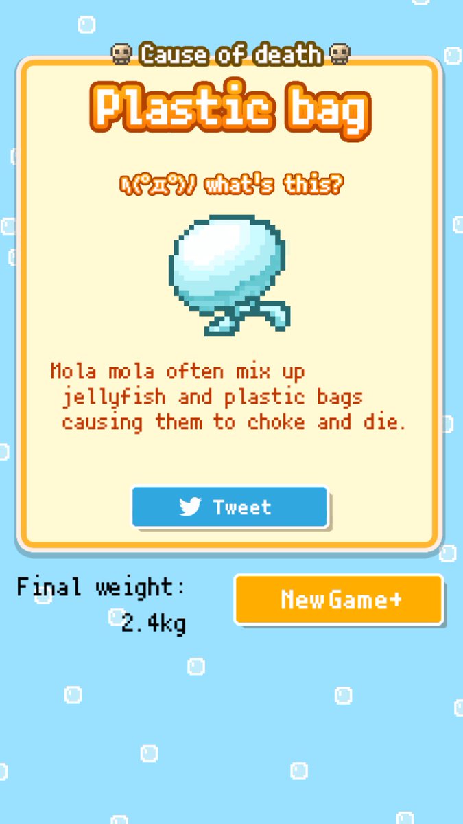 がんばって育てたマンボウが…
＿人人 人人＿
＞ 突然の死 ＜
￣Y^Y^Y^Y￣
死因: [Plastic bag]
体重：2.4kg
無料育成ゲーム【生きろ！マンボウ】
#マンボウ selectbutton.jp/apps/manbo