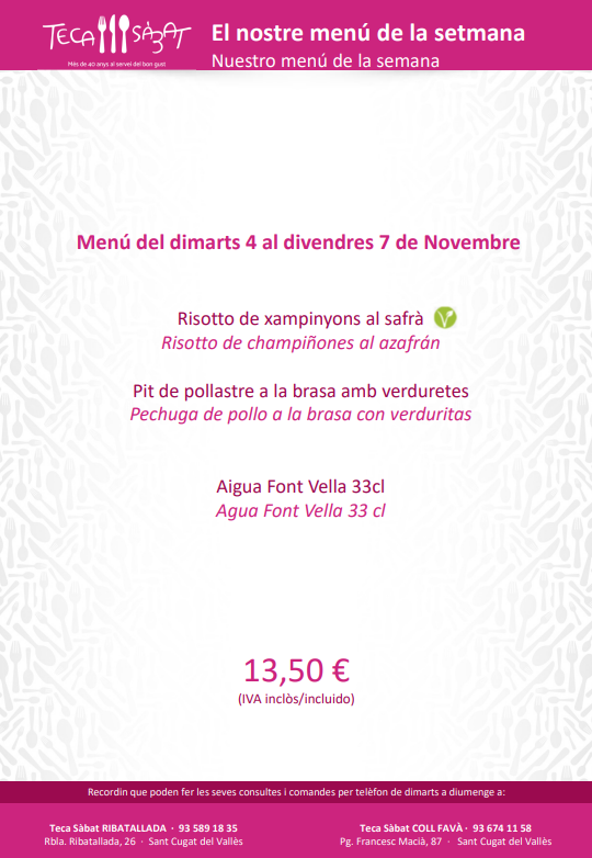 Ja tenim el nostre menú setmanal!

Ja pots consultar el menú i els plats que trobaràs a les nostres botigues:

👉 Risotto de xampinyons al safrà.
👉 Pit de pollastre a la brasa amb verduretes.

Vine i emporta't el teu menú: tecasabat.com/pdf/Menus.pdf