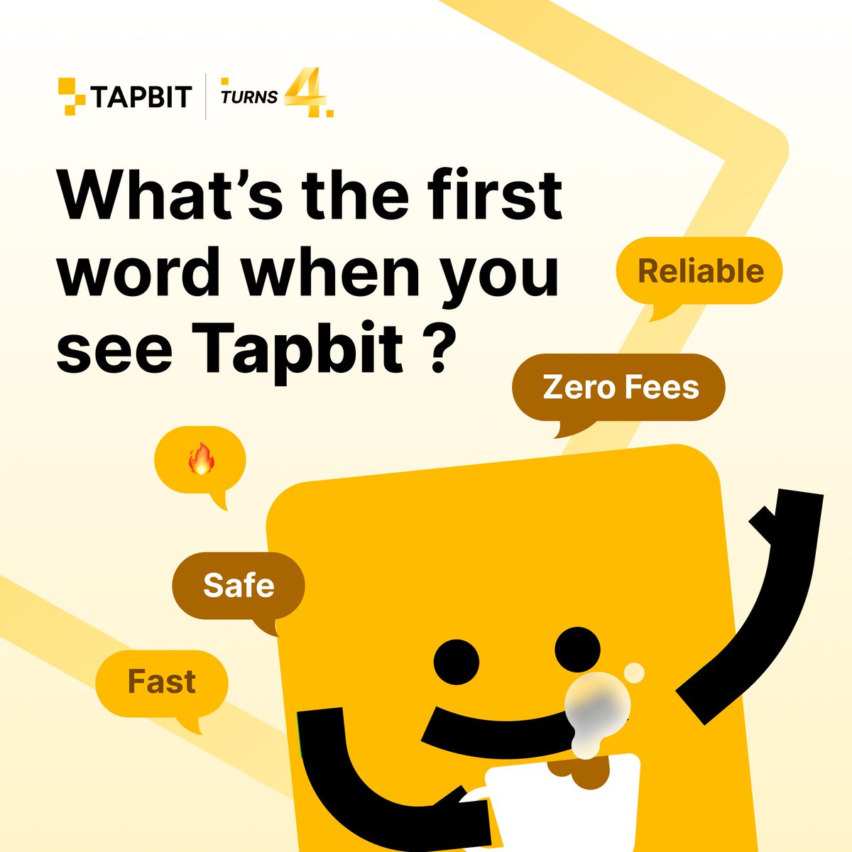 Tapbitglobal's tweet image. 💬 First word that comes to mind when you see Tapbit? 👀

🎁 5 lucky replies will each win 10 USDT Trading Bonus!

🌟 Drop your word and share UID
🌟 Follow @Tapbitglobal
🌟 Like &amp;amp; share this post

#TapbitTurns4 #tapbitgiveaway #Tapbit