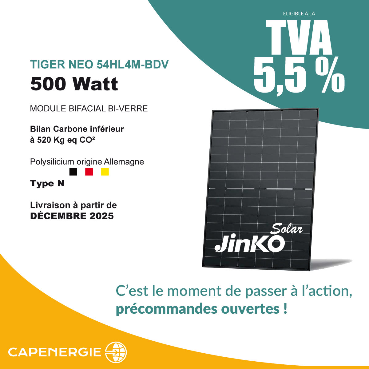 Cap_Energie's tweet photo. 📦 Installateurs, anticipez vos projets 2026 !
Précommandez le Tiger Neo 500 Wc JinkoSolar TVA à 5,5 %.
Livraison à partir de décembre 2025.
#EnergieSolaire #panneauxsolaires #installateurs #autoconsommation #electricitré
Fiche produit 👉 https://t.co/D7oRL6mNdt https://t.co/Z3n83Ihc5R
