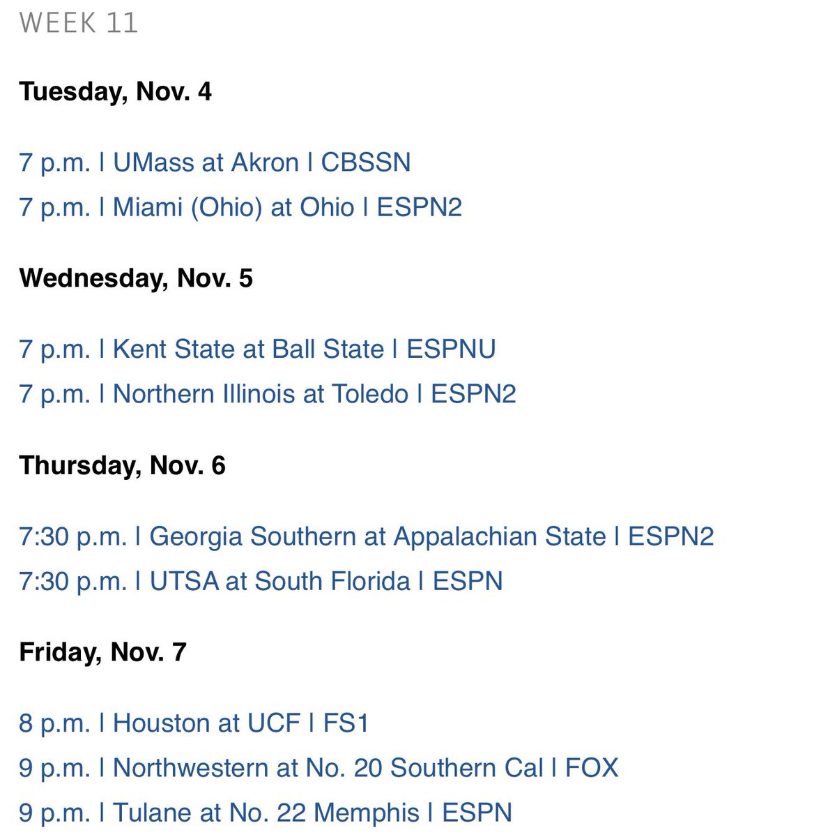 College football schedule this week pre-Saturday. Some of these games should be fun: