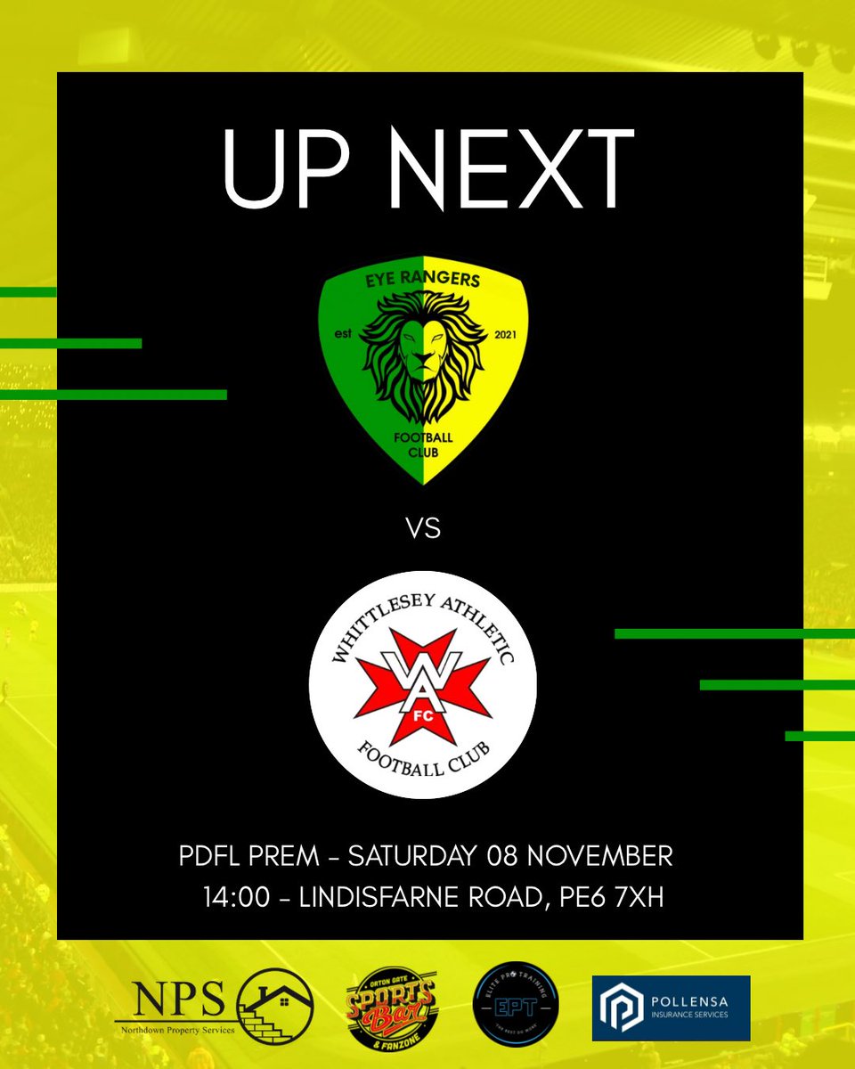 UP NEXT 🔰

🆚 - Whittlesey Athletic Reserves
📍 - Lindisfarne Road, Eye, PE67XH
📅 - Saturday 08 November
⏰ - 14:00
🏆 - PDFL Prem

#uptherangers