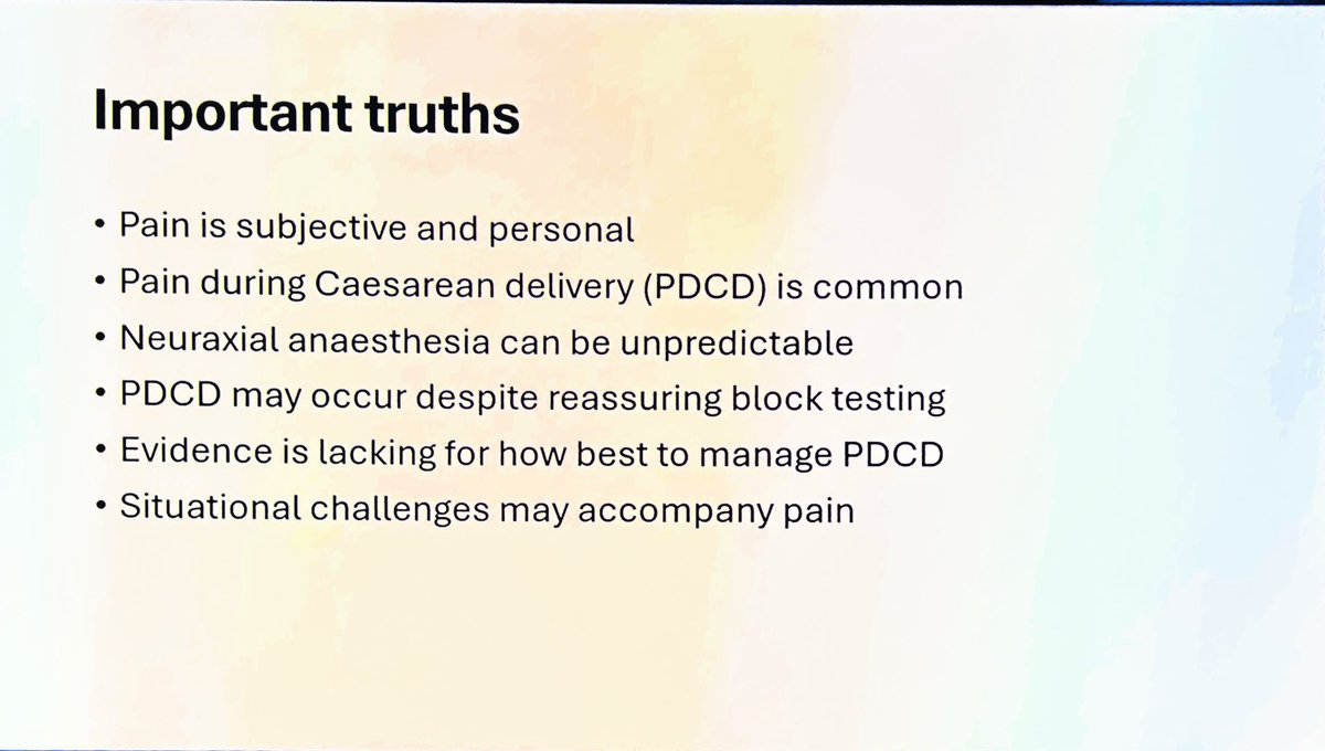 OBsleepmerchant's tweet photo. Dr Matt Rucklidge presents on Pain at Cesarean section. Methodological shift:  from surrogate markers of pain to patient reported pain. Important truths! #OBAnes #3DC25 https://t.co/JboNtJWwb7
