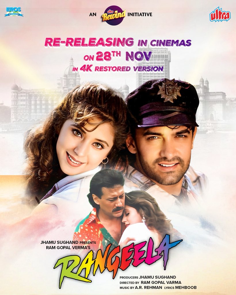 IndiaCinepolis's tweet photo. The magic, the music, the memories… it’s all back — now in stunning 4K Restored quality with Dolby 5.1 sound! 🎞️🎶
Rangeela returns to the big screen on 28th November 💃🎬

#Rangeela #RangeelaReturns #AmirKhan #JackieShroff #UrmilaMatondkar #RamGopalVarma #30YearsofRangeela https://t.co/pMp8Xmj5hJ