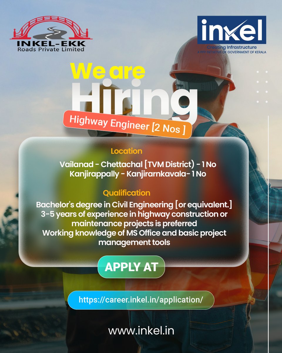 inkel_ltd's tweet photo. We are #Hiring 𝐇𝐢𝐠𝐡𝐰𝐚𝐲 𝐄𝐧𝐠𝐢𝐧𝐞𝐞𝐫 [2 Nos ] at INKEL-EKK Roads Ltd

Apply now : https://t.co/GONW5EYNs3

Build the Future with INKEL.

#hiring #jobopening #highwayengineer #civilengineeringjobs #infrastructurejobs #roadconstruction #projectengineering #siteengineer https://t.co/DQnQ58WFeO