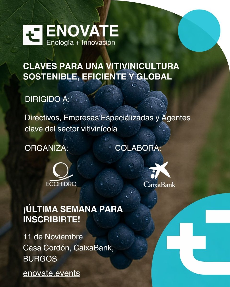 🚨 Última semana para inscribirte a ENOVATE

 Inscríbete antes de que se cierren las plazas.
📍Burgos | Casa del Cordón, CaixaBank
 📅 11 de noviembre
Inscríbete aquí para conseguir tu plaza 👉enovate.events/inscribete
#ENOVATE #InnovaciónVitivinícola #Ecohidro #CaixaBank