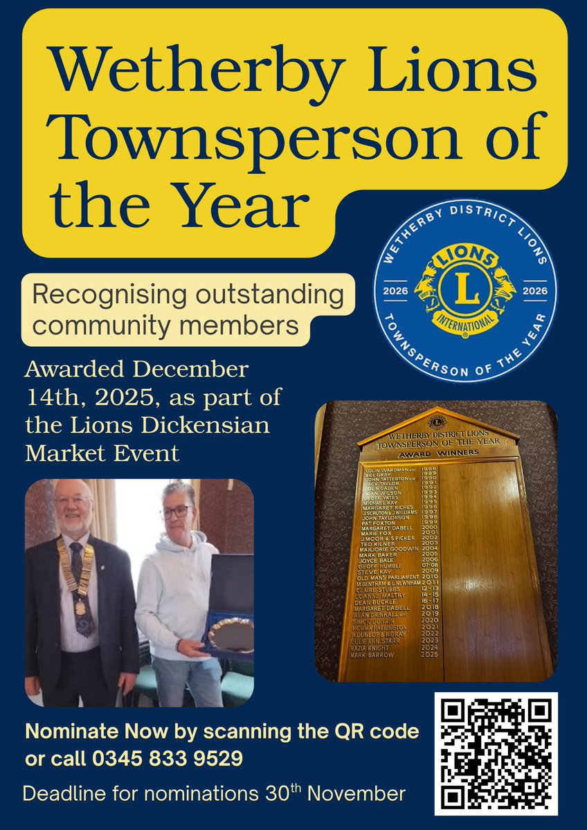 wetherbylion's tweet image. We would like to hear about an exceptional adult in our community who has helped make Wetherby a better place for all of us.  

We now need your nominations for 2026 ! !  

Please visit our website wetherbylions.org/townsperson-of… or scan the QR code