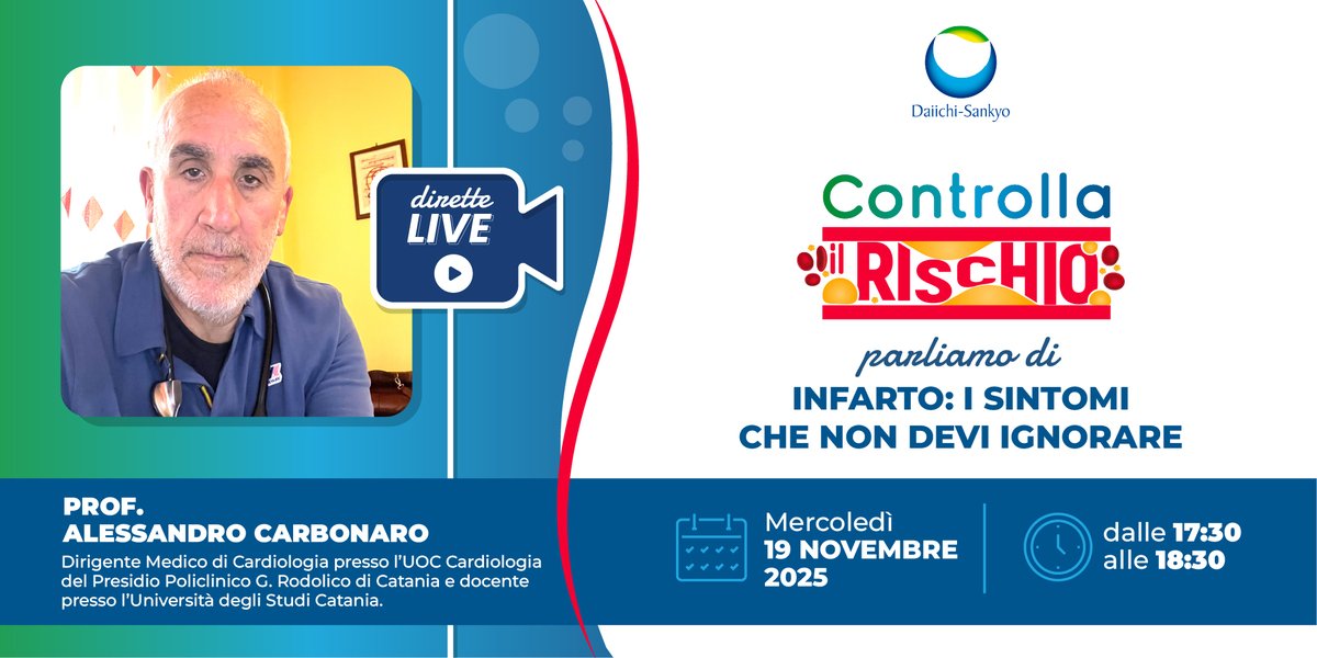SAVE THE DATE 

LIVE: Non perdere il nuovo appuntamento di Controlla il rischio! 

Martedì 19 novembre, ore 17:30 – 18:30
In diretta su Facebook: Curailtuocuore

💡 Tema: “Infarto: i sintomi che non devi ignorare” Con il Dott. Alessandro Carbonaro, Dirigente Medico di Cardiologia