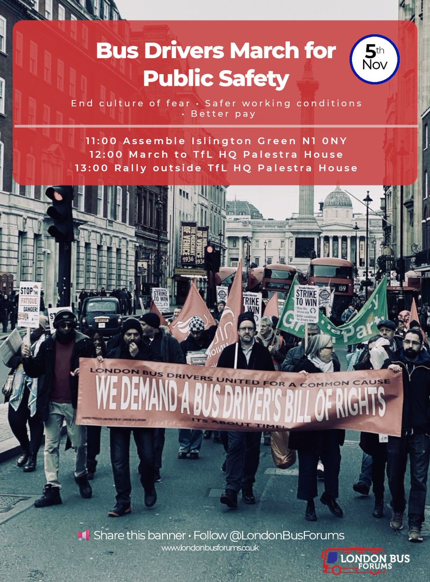 LondonBusForums's tweet image. ENOUGH IS ENOUGH
23 hours to go
Tomorrow Wed 5 Nov
11:00 Islington Green
12:00 march to TfL HQ
13:00 rally outside Palestra House
Safer buses. Stronger rights. Louder voices. Be there.

More info: londonbusforums.co.uk/news/london-bu…

#EnoughIsEnough #BusDrivers #PublicSafety #London
