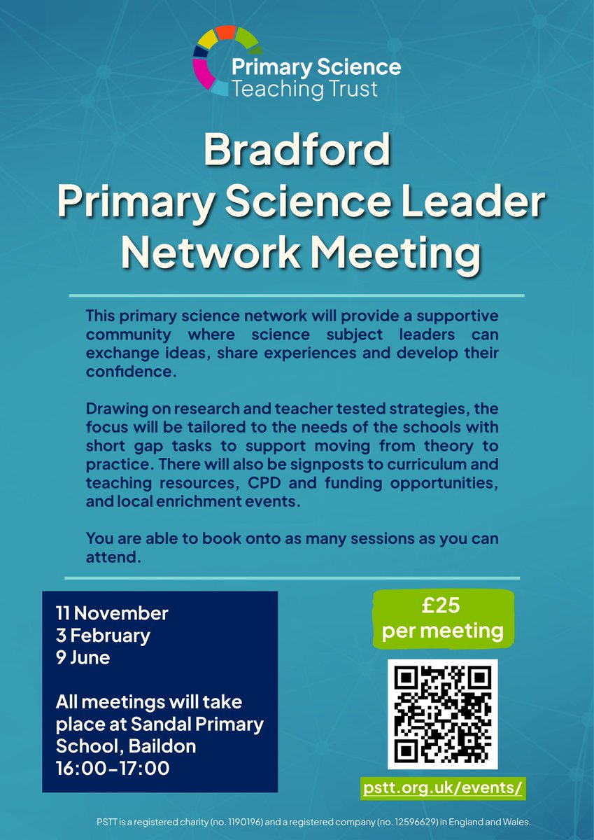 Happy first week of Autumn 2, Bradford teachers! 🍁
Join our friendly Primary Science Network – share, connect &amp; try new practical science ideas.
Only 1 week to go!
Book now 👉 pstt.beaconforms.com/form/ba81f1ce

#PrimaryScience #Bradford #TeacherCPD #teachersofx #WestYorkshire <a href="/pstt_whyhow/">Primary Science Teaching Trust</a>