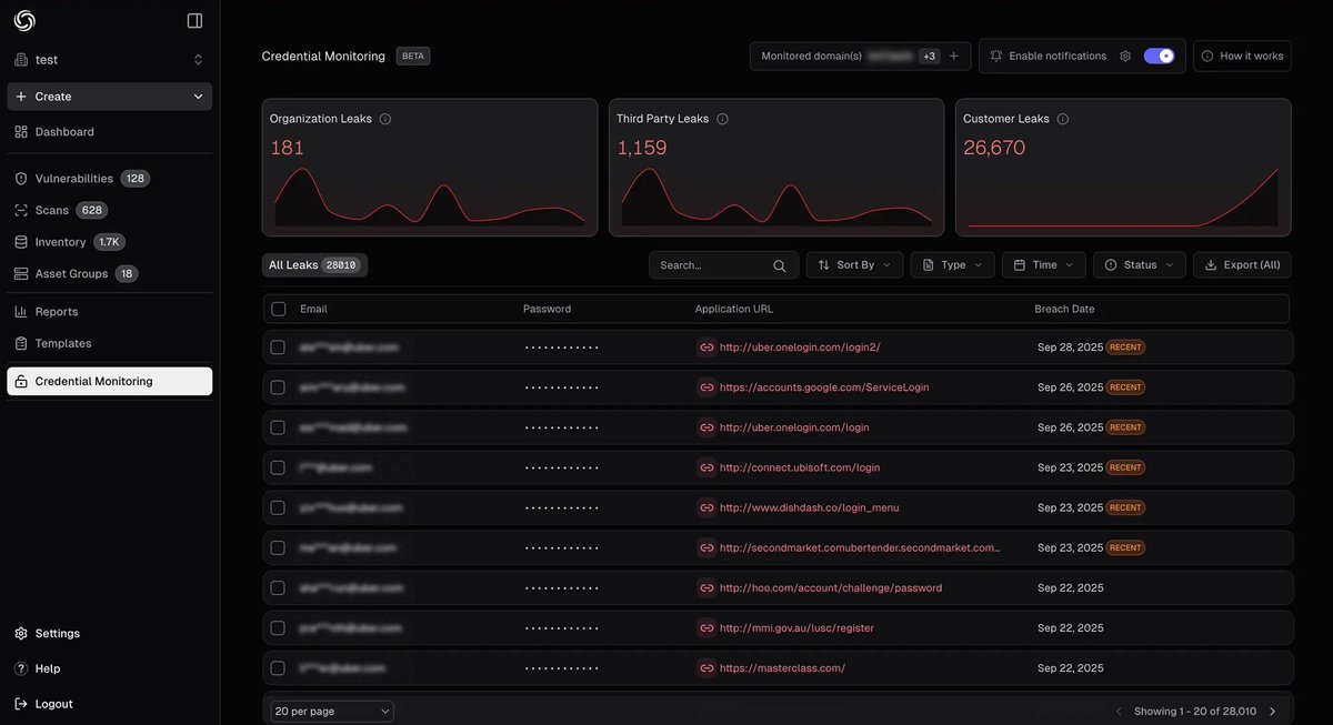 pdiscoveryio's tweet image. It’s here, and it&apos;s free: Credential Monitoring from ProjectDiscovery! Detect leaked credentials tied to your domains or emails from millions of malware-stealer logs.
• My Leaks / Employee / Customer classification
• Domain verification + API + CSV/JSON export
Start monitoring…
