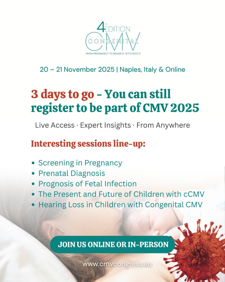 CMV_Congress's tweet photo. In 3 days, global multidisciplinary experts will united in Naples to exchange knowledge and advance care for the babies and mothers affected by #cCMV.

Can't attend in-person? Follow the congress online from anywhere you are! 

Register here✅: https://t.co/IvLfpgBoeB https://t.co/N1I7s3nHIe