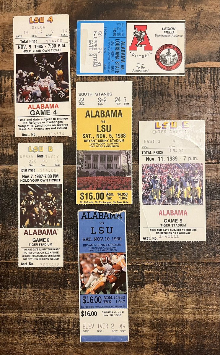 Every LSU-Alabama ticket from 1985-90. 4 of these matchups would have both teams ranked. #tickettuesday