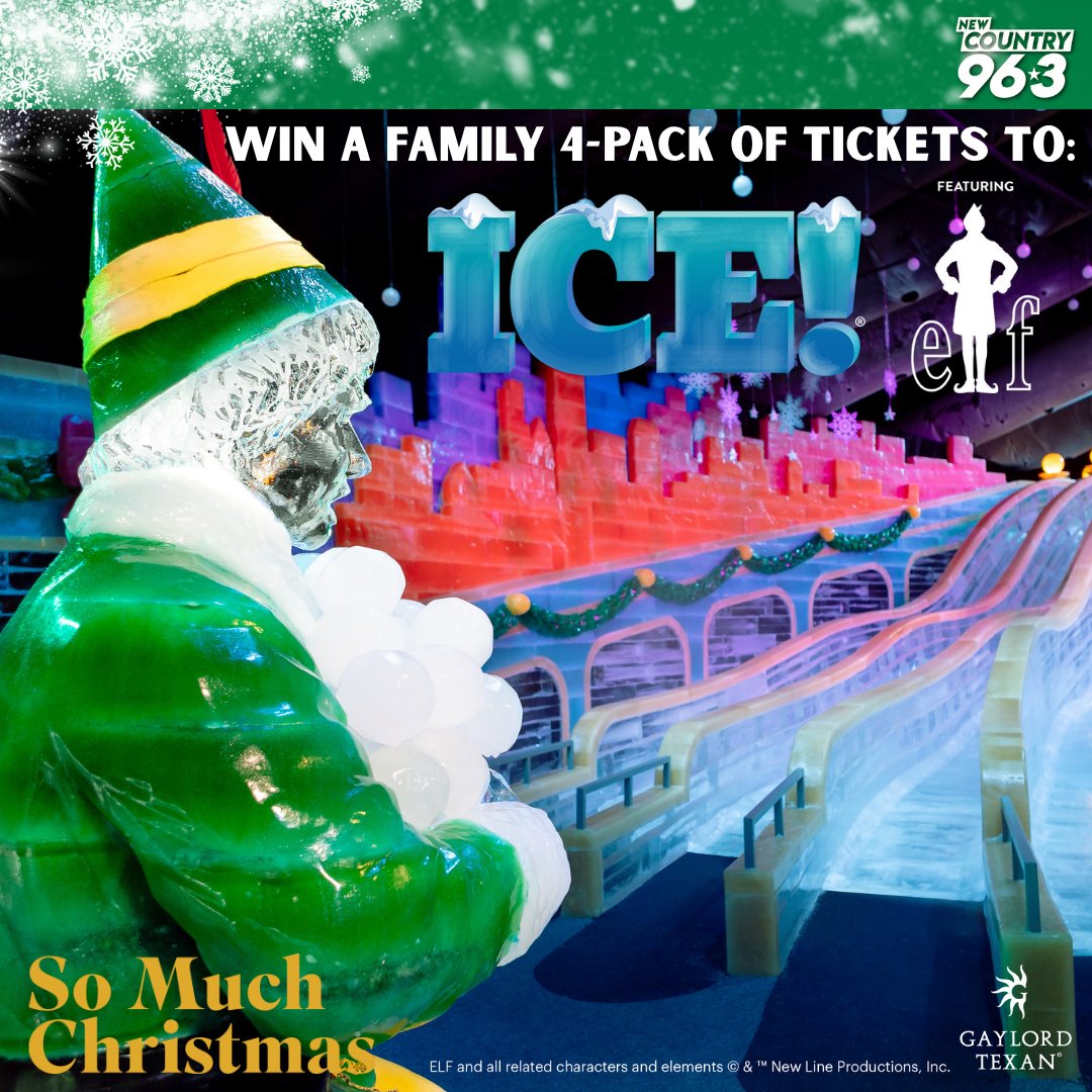 ❄️ ICE! featuring Elf™ returns to Gaylord Texan Nov 14–Jan 4!

🎅🏼 2Mlbs of ice sculptures + giant slides + Buddy the Elf magic

🎟️ Win tickets w/ Hawkeye &amp; Michelle — text the keyword to 888-787-1963

🎫 Info @ newcountry963.com