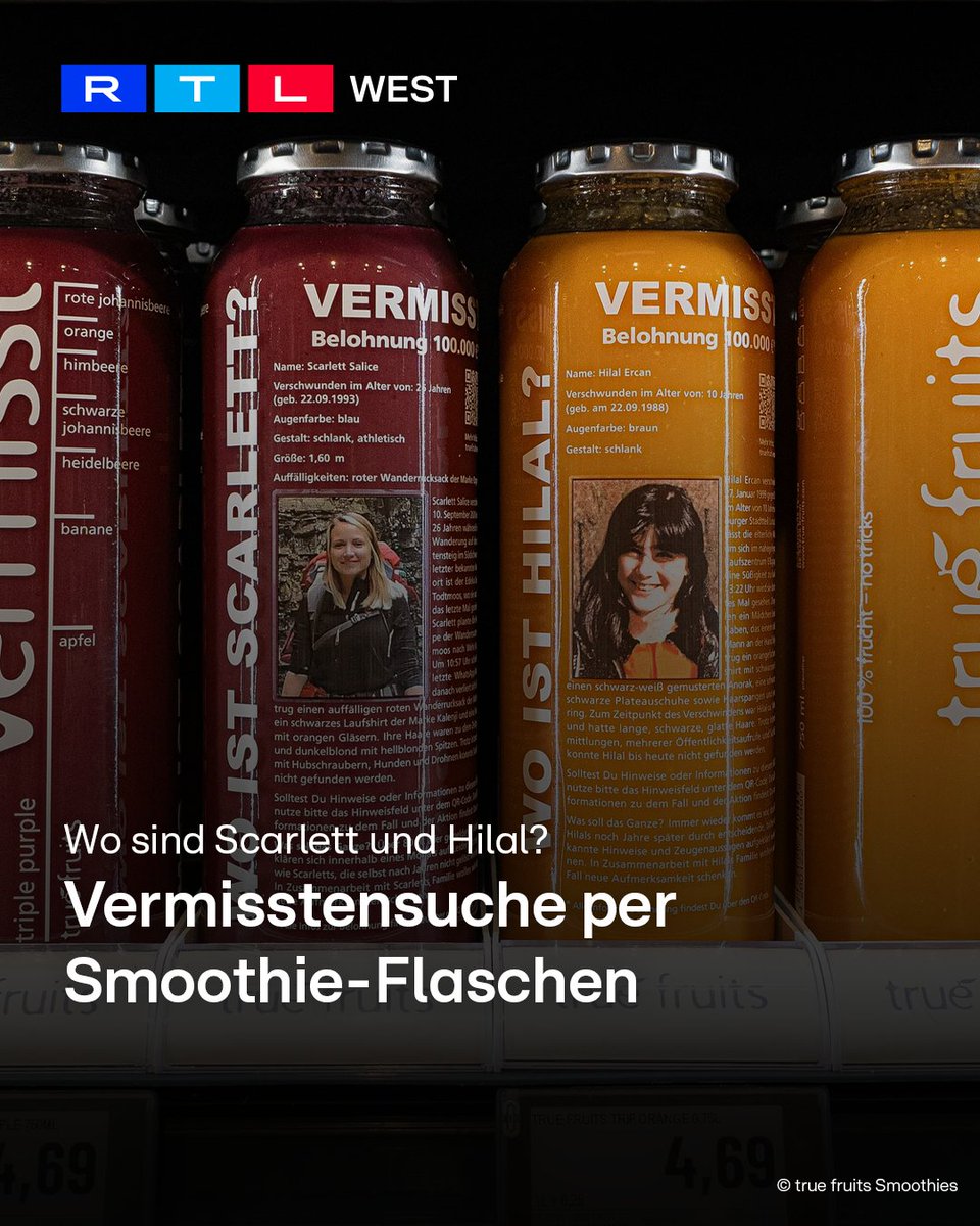 RTLWEST's tweet image. Der Saftproduzent „True Fruits“ aus #Bonn druckt aktuell Fotos von zwei vermissten Frauen auf seine #Smoothie-Flaschen. Vier Wochen lang sollen die Bilder von Hilal Ercan und Scarlett Salice in Supermärkten zu sehen sein. Das Unternehmen hofft, so neue Hinweise zu ermöglichen.