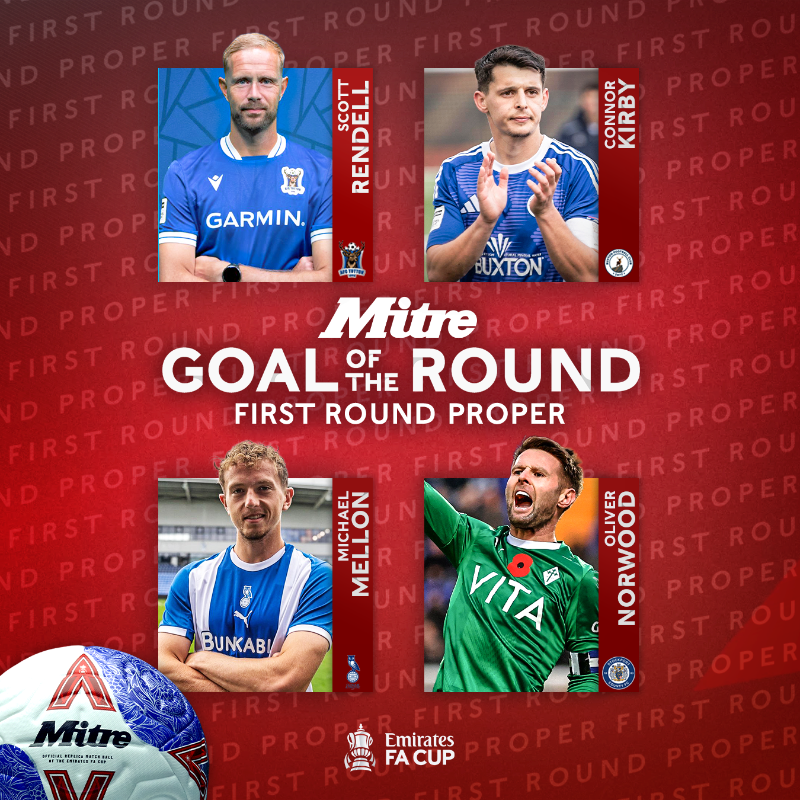 EmiratesFACup's tweet photo. Vote for your @MitreSports Goal of the #EmiratesFACup First Round Proper! ⚽️

Scott Rendell, @AFCTotton
Connor Kirby, @Buxton_FC
Michael Mellon, @OfficialOAFC
Oliver Norwood, @StockportCounty

Click below to watch the goals and cast your vote 👇