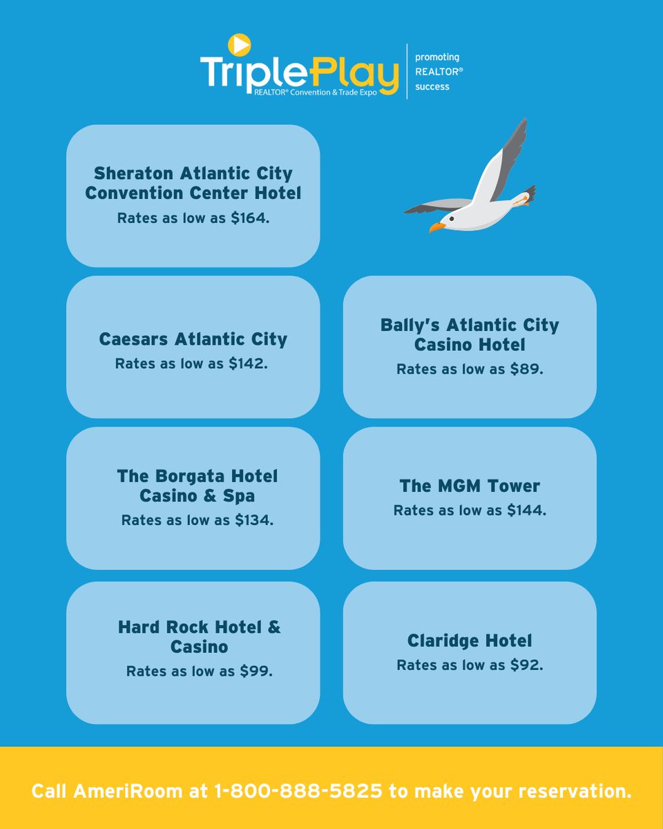 Once you're registered for this year's Realtors® Triple Play, book your stay at one our hotel blocks through AmeriRooms. There are plenty of places to stay, but don't wait to secure your room at your top-choice casino. Check them out: realtorstripleplay.com/travel