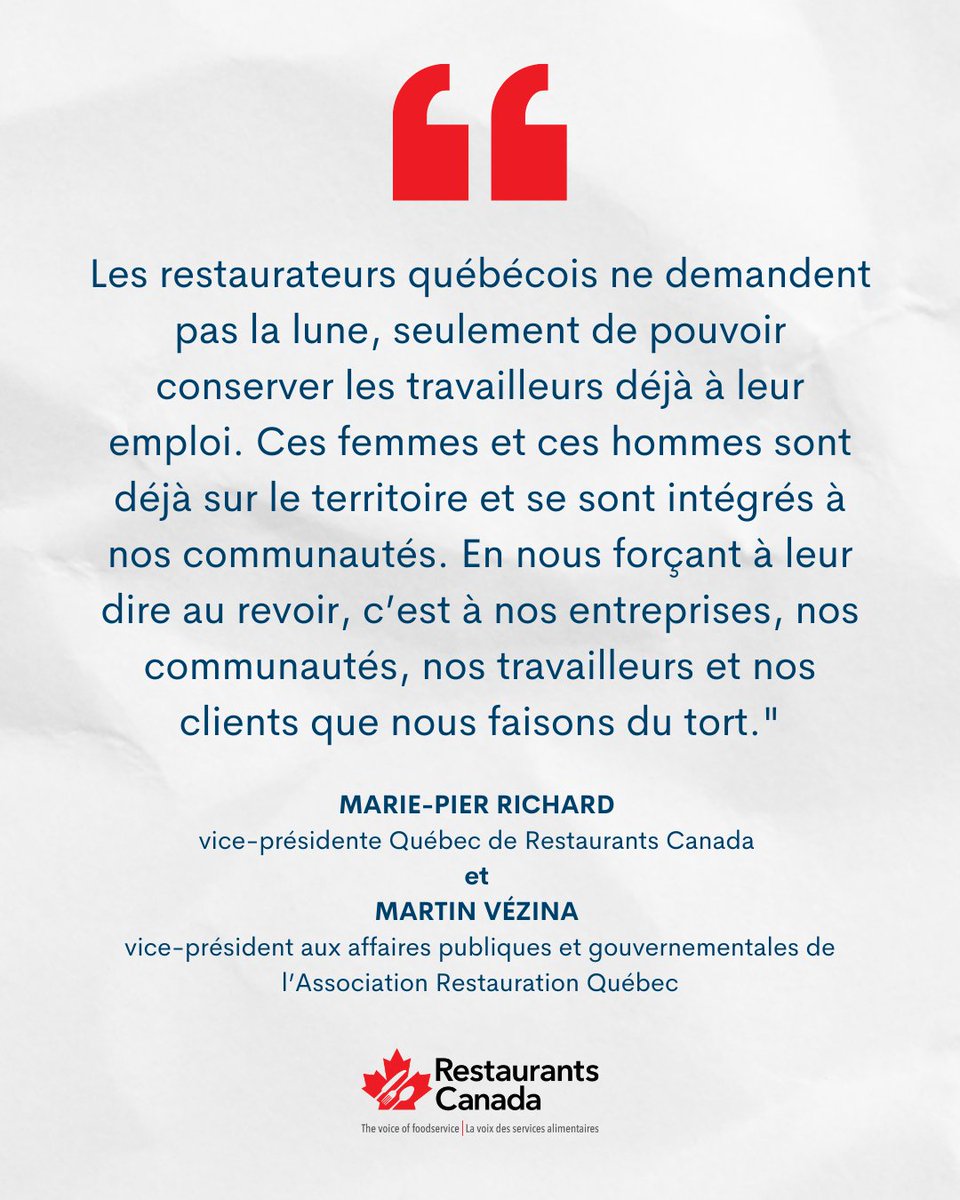 Lisez la lettre ouverte signée par Marie-Pier Richard (<a href="/RCQuebecCA/">Marie-Pier Richard</a>), vice-présidente Québec de Restaurants Canada, et Martin Vézina, vice-président aux affaires publiques et gouvernementales de l’Association Restauration Québec, dans Le Quotidien au sujet des nouveaux seuils